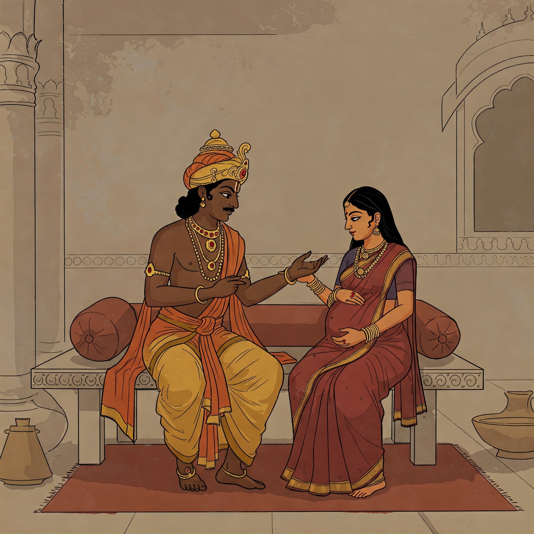 Illustration of a king and a pregnant queen sitting on a stone bench inside a palace. The king, wearing a golden crown and jewelry, speaks kindly while the queen, dressed in a red and purple saree, smiles and holds her belly.