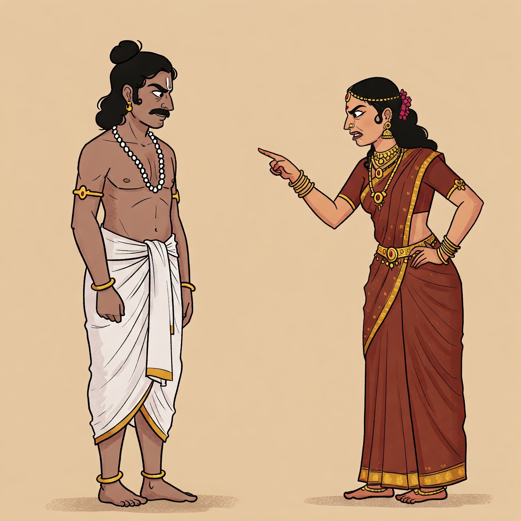 A cartoon of a princess in a red sari with gold jewelry, pointing and talking to a warrior in a white dhoti with gold accessories. They are standing on a plain background.