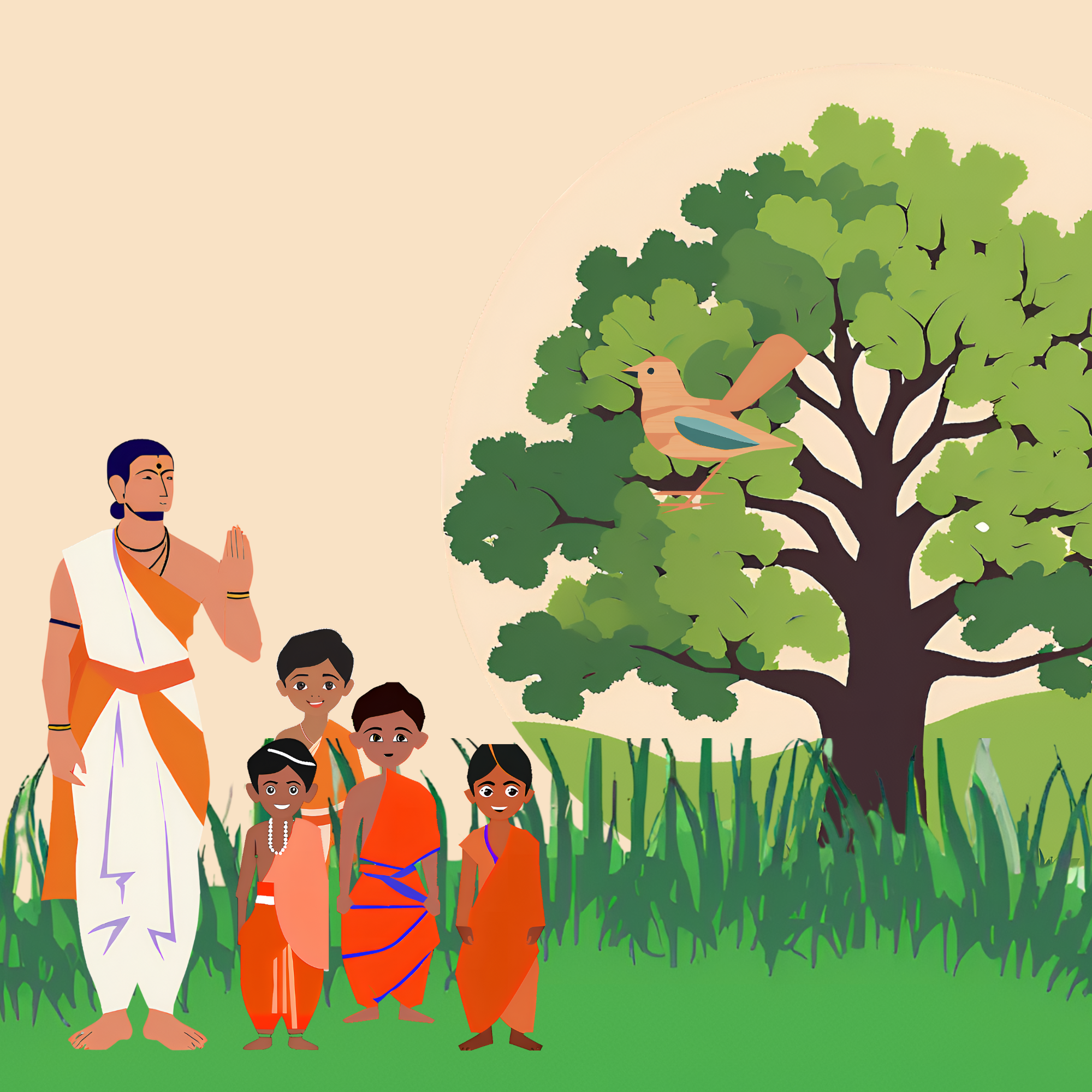 A cartoon of a wise teacher in a white dhoti with four children in colorful traditional clothes, standing in a green field. A tree with a bird on a branch is in the background.