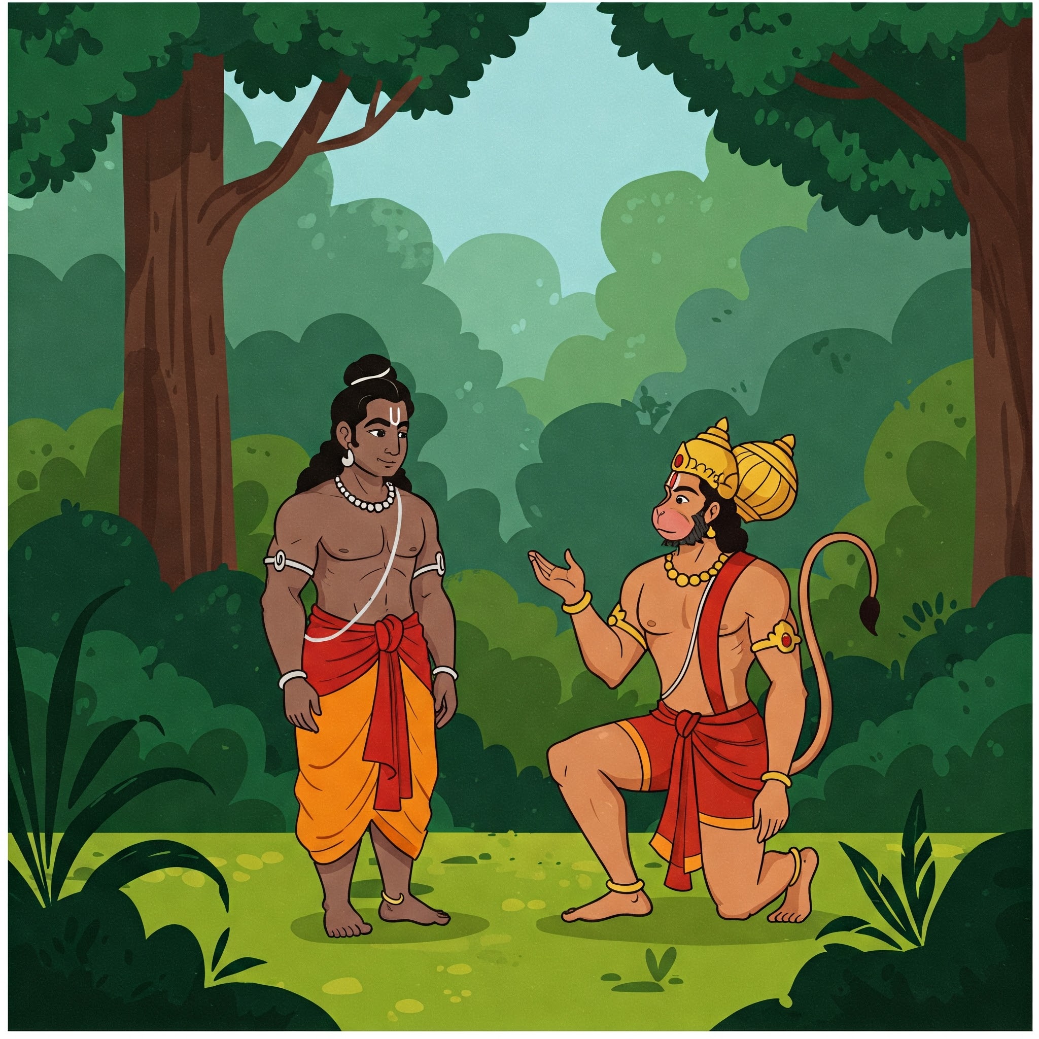 A depiction of Bhim in an orange dhoti standing and talking to Hanuman, kneeling in a green forest with tall trees.