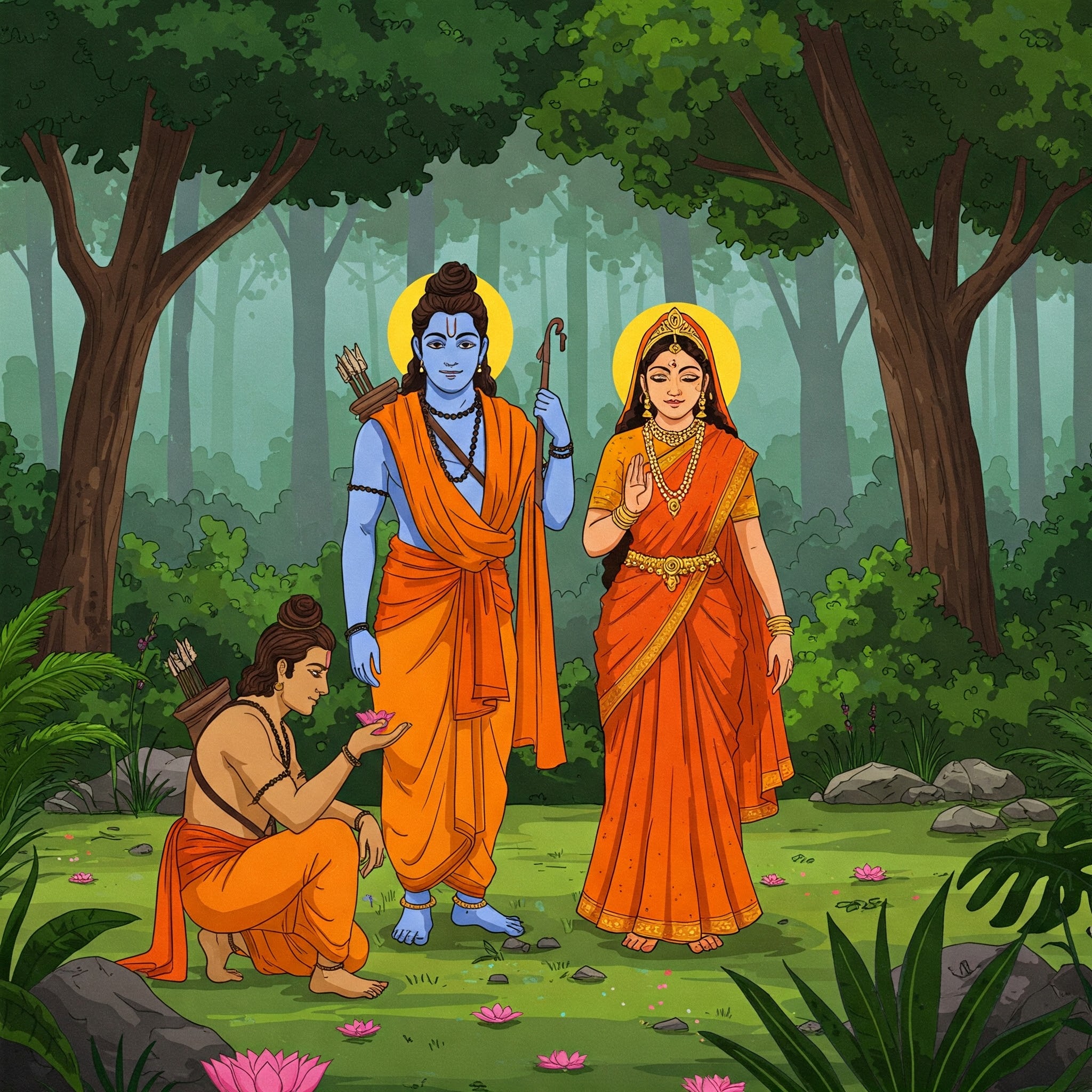 A stylized illustration of Lord Rama with a bow and arrow, standing alongside Sita and Lakshmana in a lush forest, with the golden deer in the background, symbolizing the epic journey of the Ramayan.