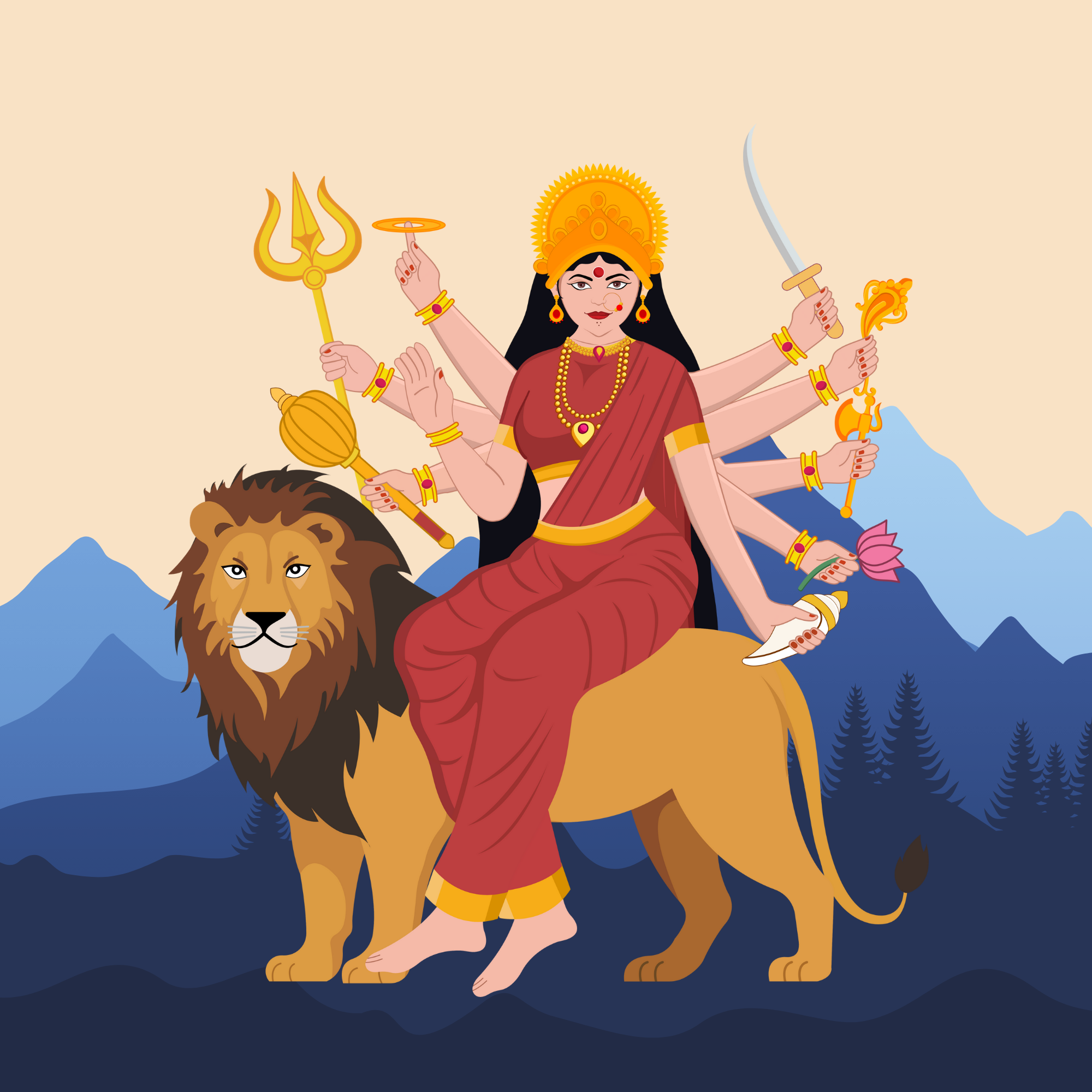A depiction of Durga, ready for battle, riding on top of a lion, holding weapons in her numerous hands