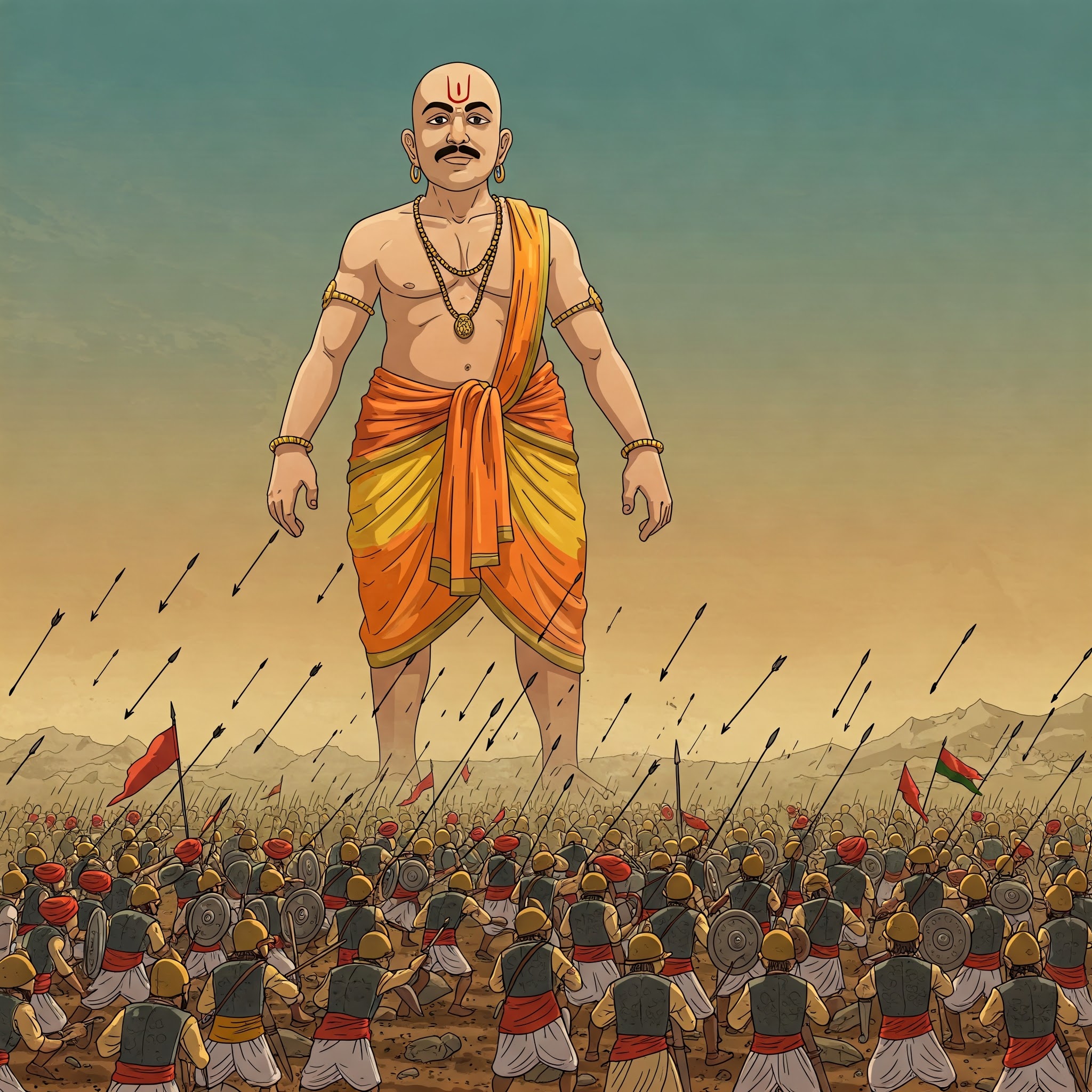 Illustration of a giant warrior wearing orange and yellow clothing, standing tall on a battlefield. Arrows are flying through the air as a large army of smaller soldiers with shields and spears gather below him.