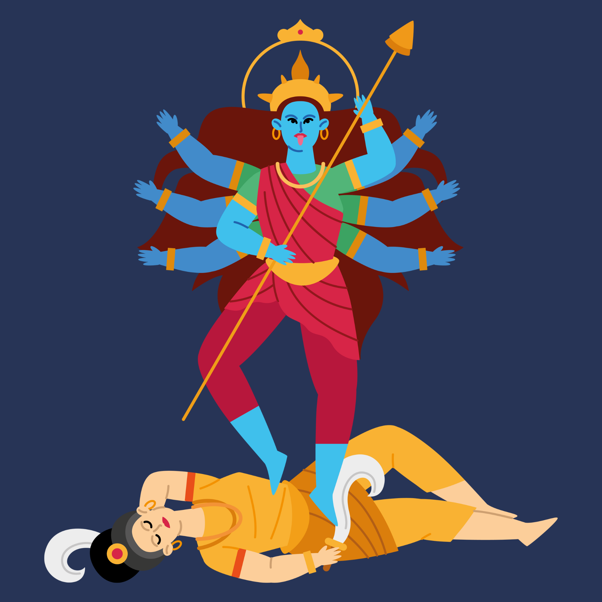 A depiction of Kali Mata defeating a demon