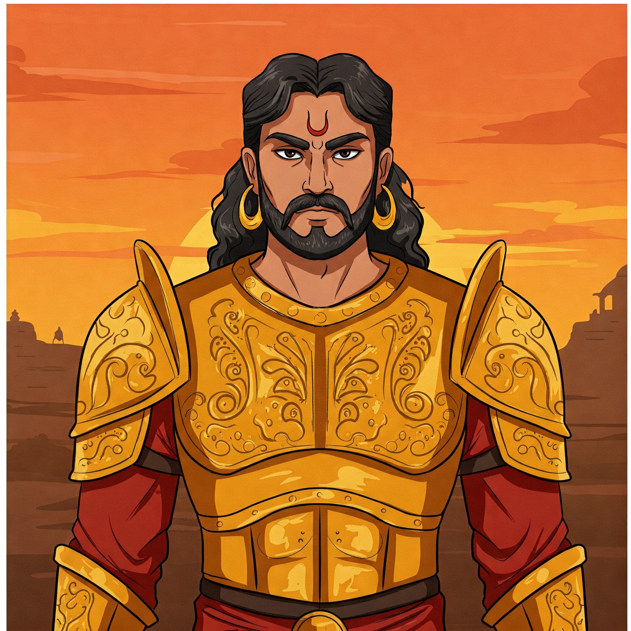 Illustration of a strong warrior with long black hair and beard, wearing golden armor with red clothes underneath, standing against a sunset background with ancient ruins.