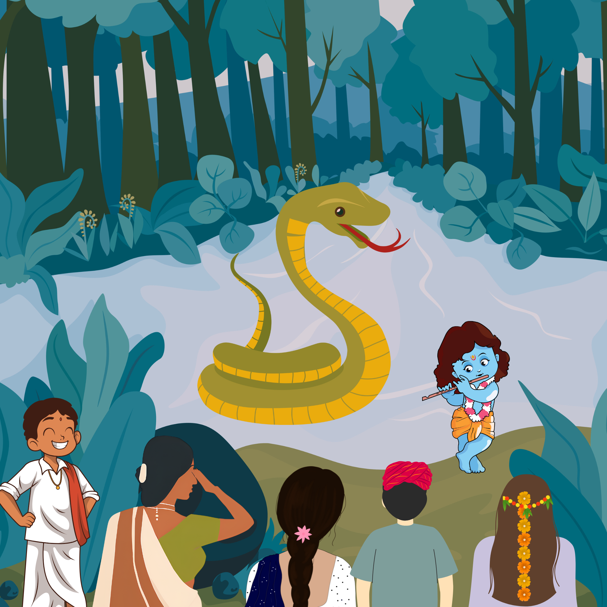 Krishna's playing a flute beside a snake while onlookers enjoy