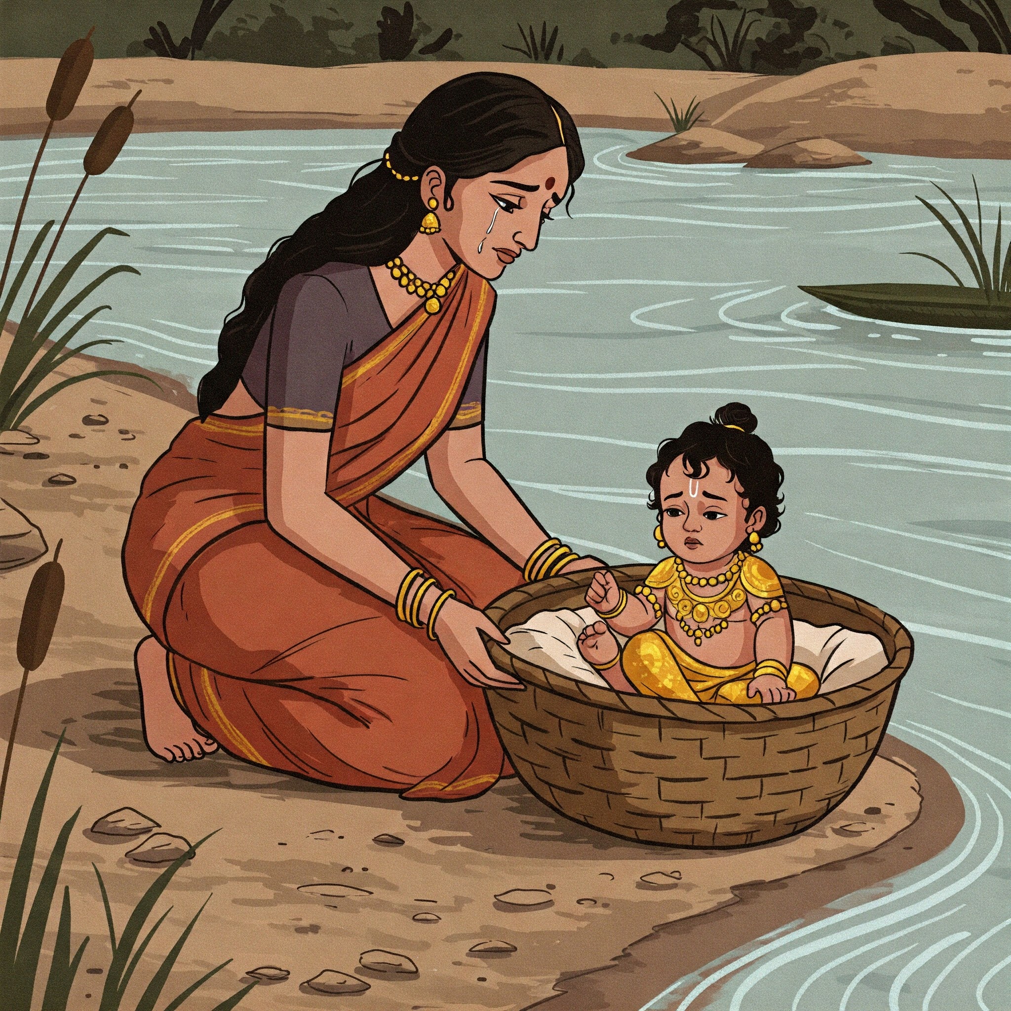 A cartoon of a woman in a red sari with gold jewelry, sitting by a river and placing a baby in a basket. The baby is dressed in gold-colored clothes and jewelry, and the scene includes reeds and rocks by the water.