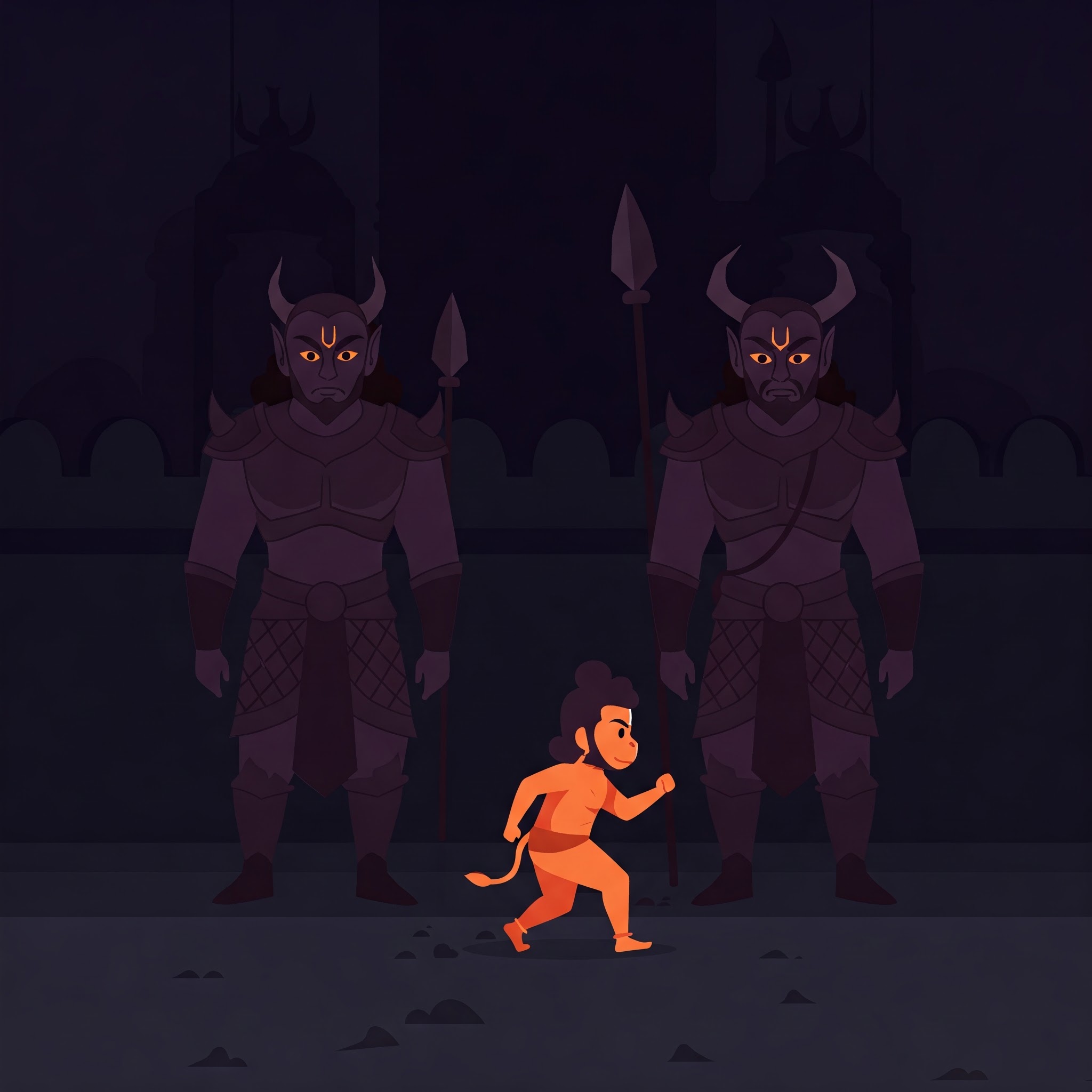 Hanuman shrinking himself to sneak past demon guards in Lanka