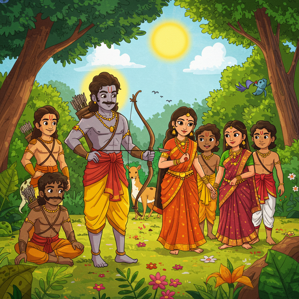 A stylized illustration of Lord Rama with a bow and arrow, standing alongside Sita and Lakshmana in a lush forest, with the golden deer in the background, symbolizing the epic journey of the Ramayan.