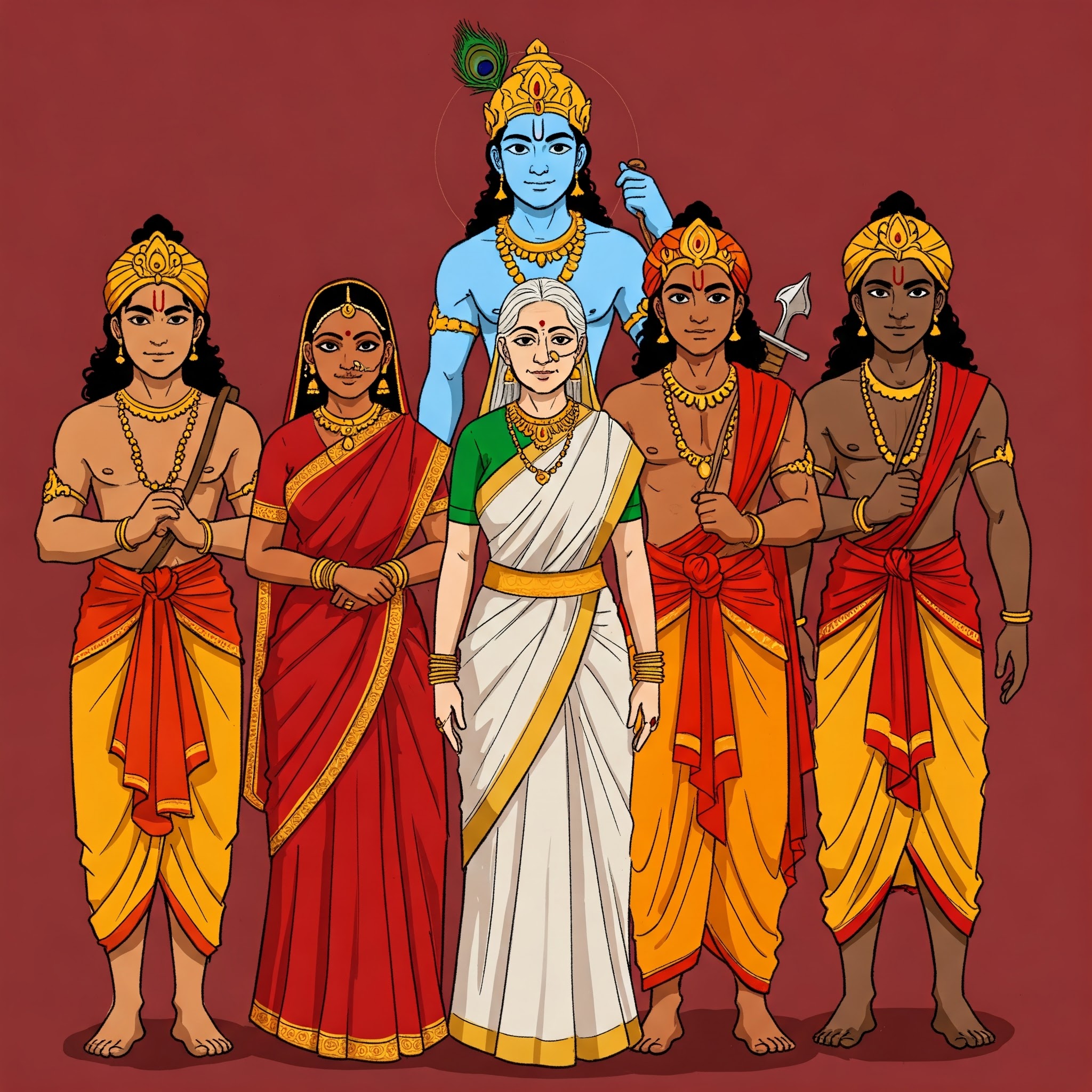 Pandavas with Draupadi and Kunti