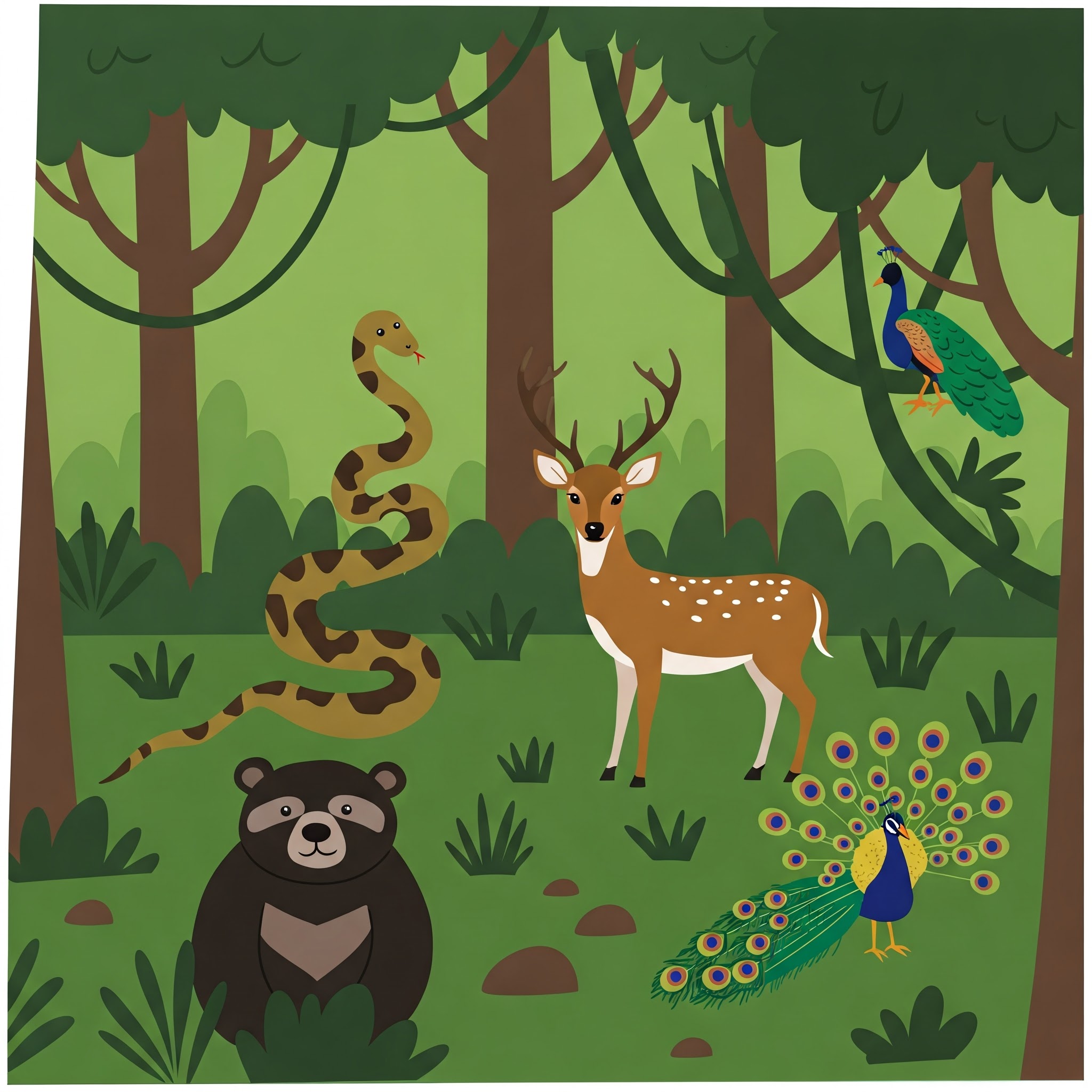 Illustration of a peaceful forest with a deer, a bear, a snake, and two colorful peacocks surrounded by tall trees and green bushes.