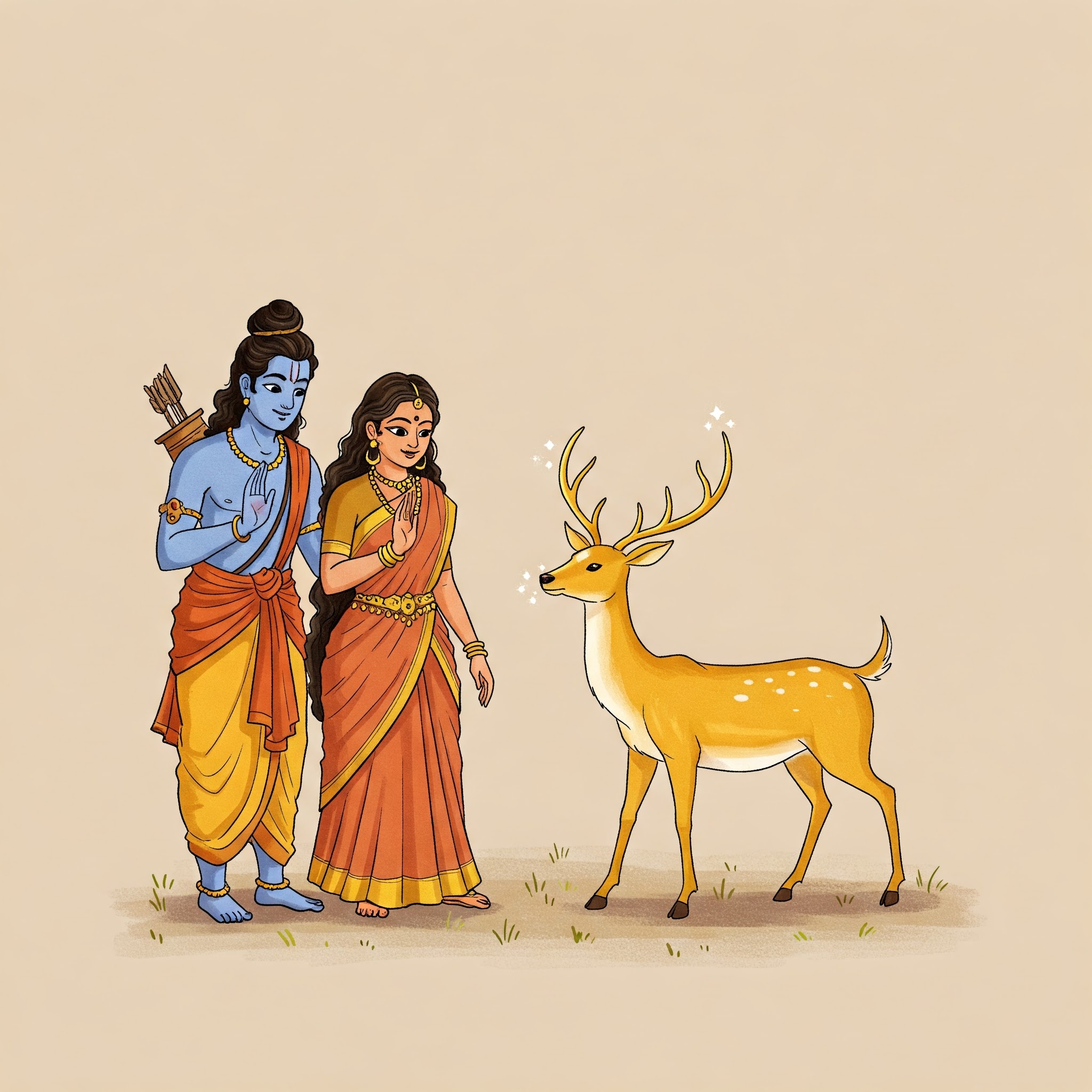 Rama and Sita admire a shining golden deer, a trick by Ravana