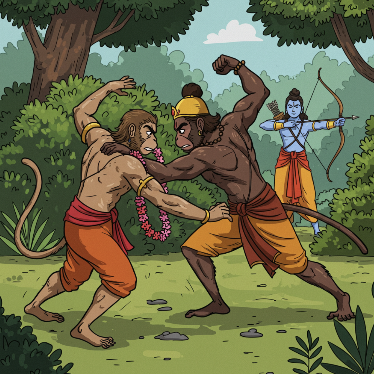 Sugriva fighting Vali as Lord Rama watches from hiding